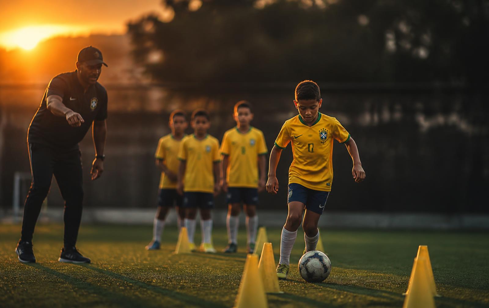 Crianças treinando futebol ao pôr do sol com o treinador orientando